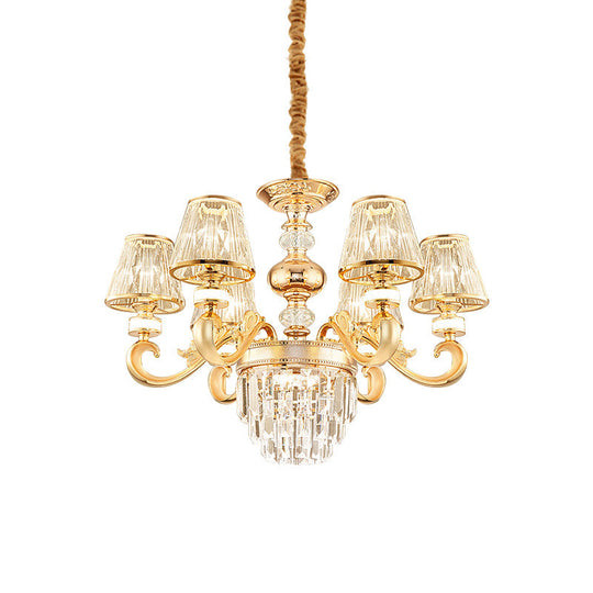 Modern 3-Tier Crystal Chandelier With Conic Shade - Gold Finish 6/8 Heads Living Room Hanging Lamp