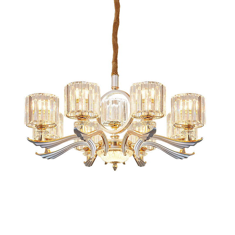 Contemporary Crystal Block Cylinder Suspension Light Chandelier - Silver, 6/8-Head - Ideal for Dining Rooms