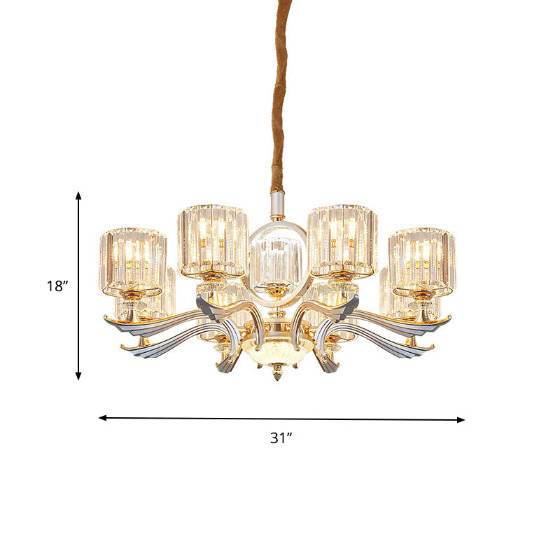 Contemporary Crystal Block Cylinder Suspension Light Chandelier - Silver, 6/8-Head - Ideal for Dining Rooms