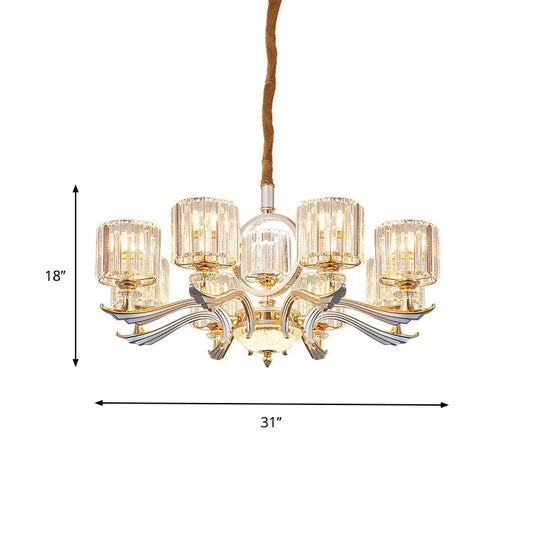 Contemporary Crystal Block Cylinder Suspension Light Chandelier - Silver, 6/8-Head - Ideal for Dining Rooms