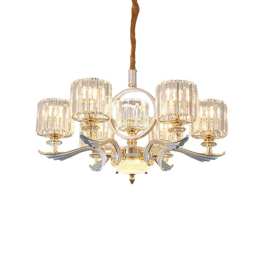 Contemporary Crystal Block Cylinder Suspension Light Chandelier - Silver, 6/8-Head - Ideal for Dining Rooms