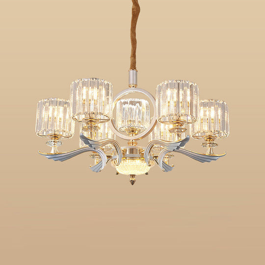 Contemporary Crystal Block Cylinder Suspension Light Chandelier - Silver, 6/8-Head - Ideal for Dining Rooms