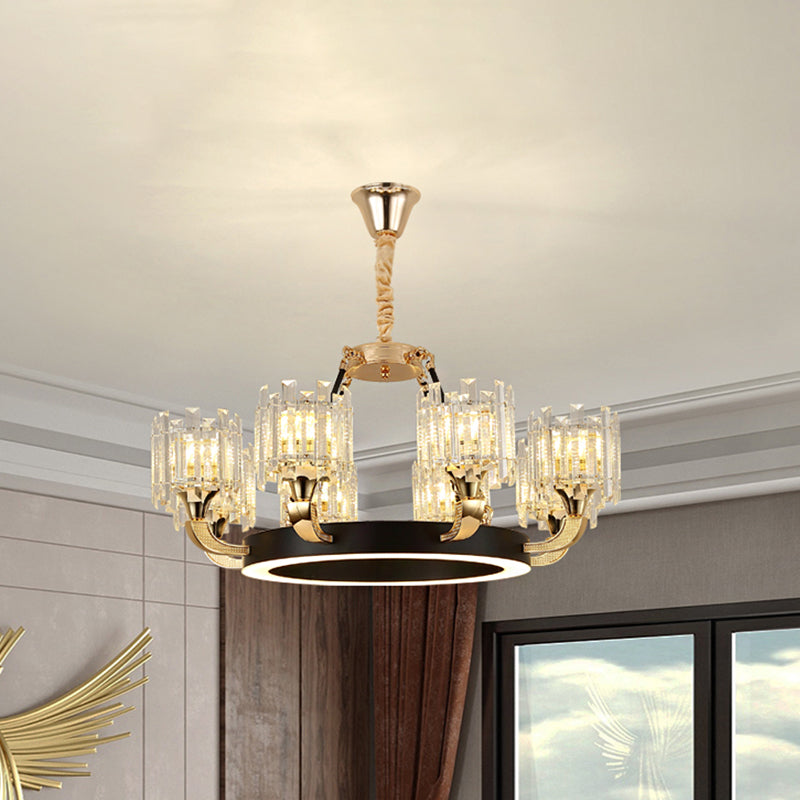 Modern Metal Ring Chandelier with Crystal Shade - 6/8-Bulb Pendant Light for Living Room in Black & Gold