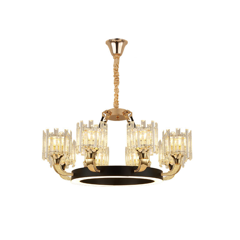 Modern Metal Ring Chandelier with Crystal Shade - 6/8-Bulb Pendant Light for Living Room in Black & Gold