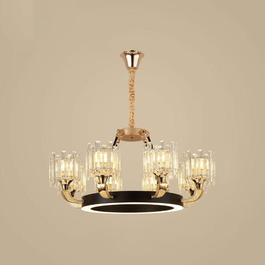 Modern Metal Ring Chandelier with Crystal Shade - 6/8-Bulb Pendant Light for Living Room in Black & Gold