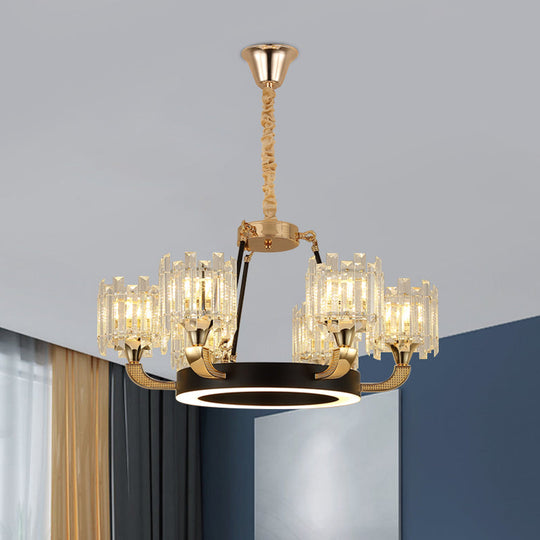 Modern Metal Ring Chandelier with Crystal Shade - 6/8-Bulb Pendant Light for Living Room in Black & Gold