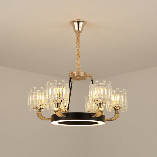 Modern Metal Ring Chandelier with Crystal Shade - 6/8-Bulb Pendant Light for Living Room in Black & Gold