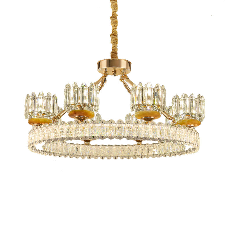 Modern Crystal Block Cylinder Chandelier With Gold Ring - 6/8 Bulb Ceiling Lamp For Living Room