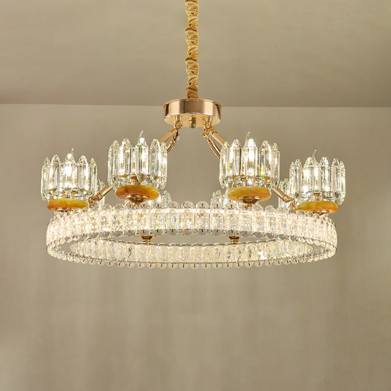 Modern Crystal Block Cylinder Chandelier With Gold Ring - 6/8 Bulb Ceiling Lamp For Living Room