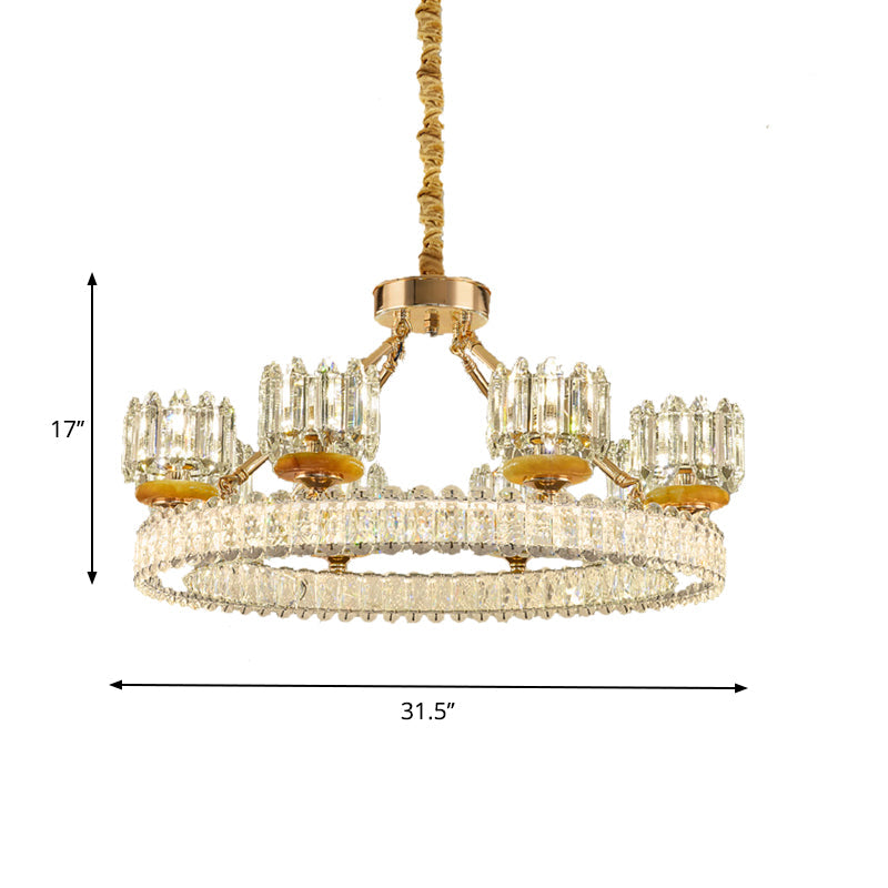 Modern Crystal Block Cylinder Chandelier With Gold Ring - 6/8 Bulb Ceiling Lamp For Living Room