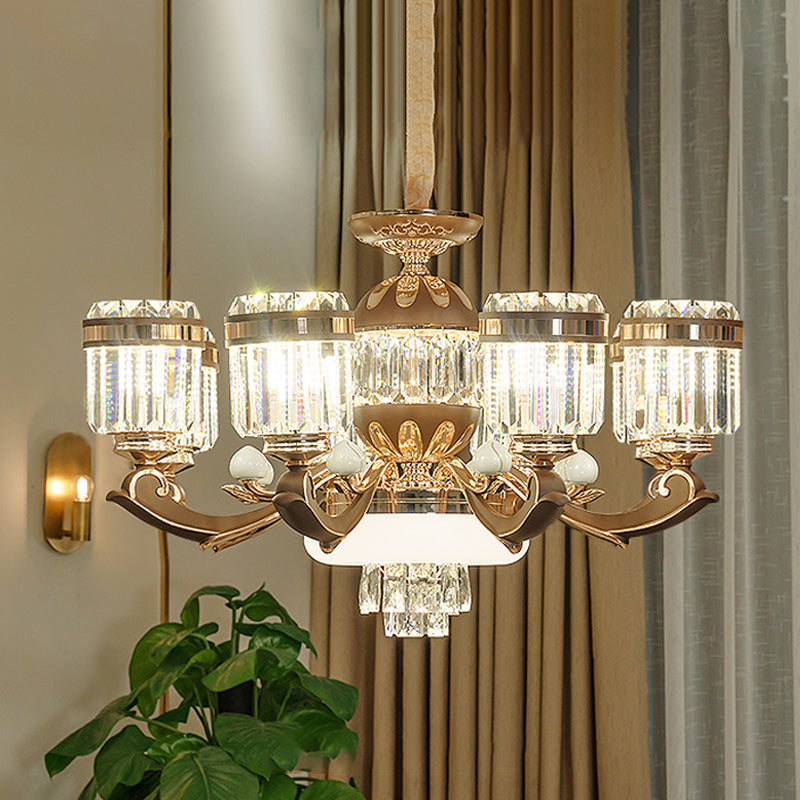 Modern 6/8-Light Gold Chandelier Pendant with Crystal Block Shade for Living Room Ceiling