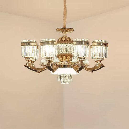 Modern Gold Chandelier Pendant Light With Crystal Block Shade - 6/8 Lights Living Room Ceiling Hang