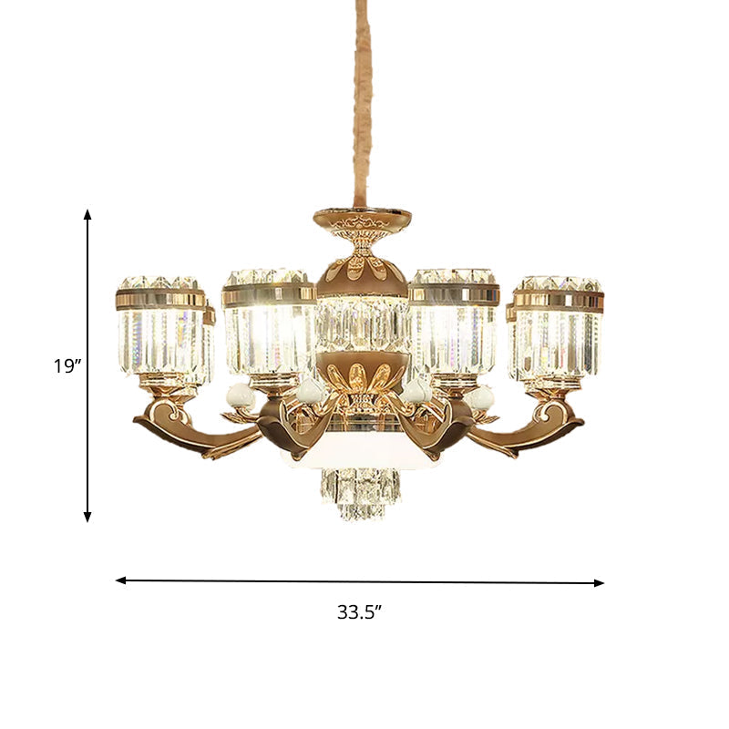 Modern Gold Chandelier Pendant Light With Crystal Block Shade - 6/8 Lights Living Room Ceiling Hang