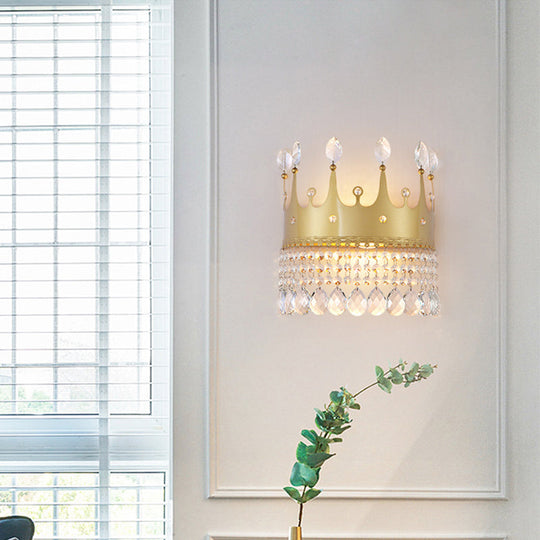 Modern Gold Crown Wall Sconce With Crystal Droplet - 2 Bulbs Metallic Lamp