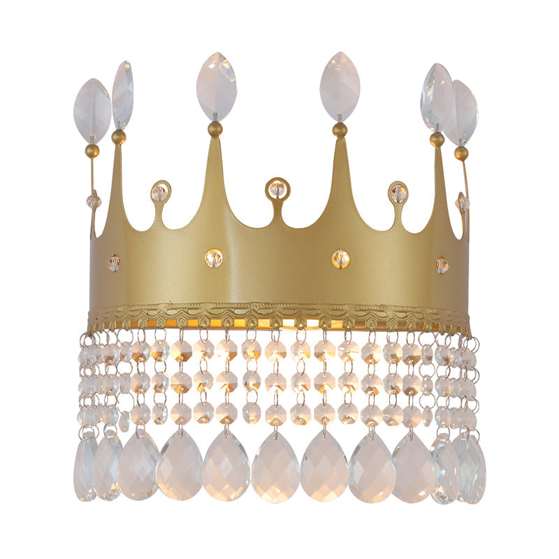 Modern Gold Crown Wall Sconce With Crystal Droplet - 2 Bulbs Metallic Lamp