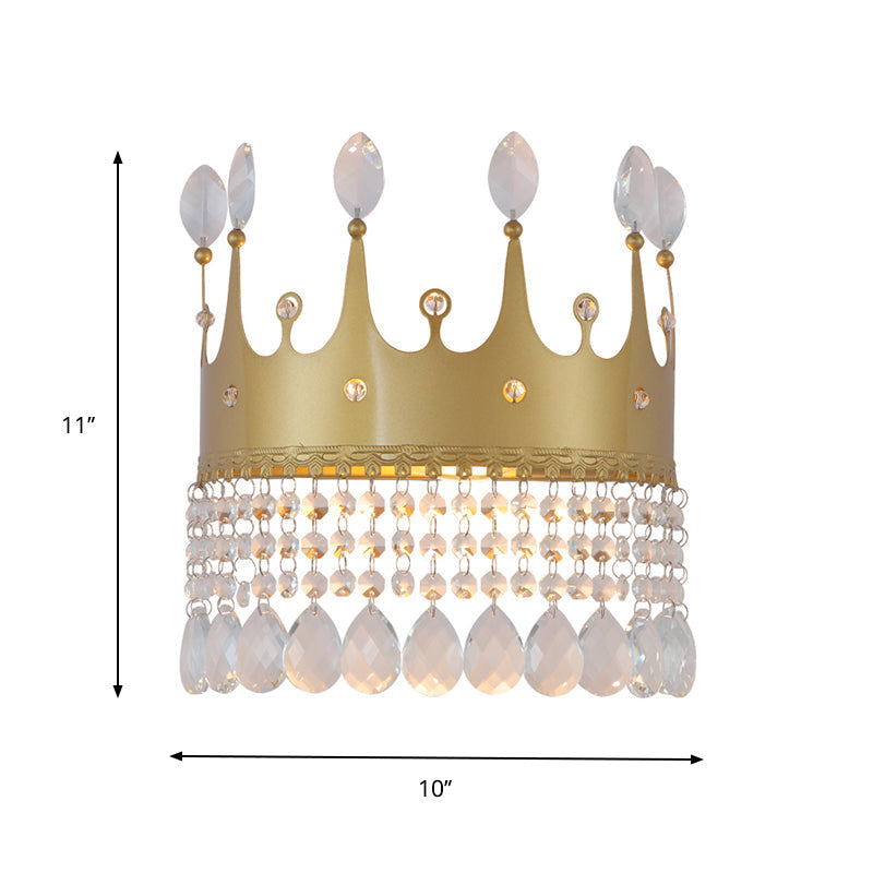 Modern Gold Crown Wall Sconce With Crystal Droplet - 2 Bulbs Metallic Lamp