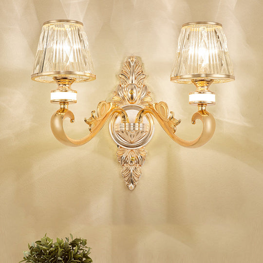 Modern Gold Wall Sconce With Crystal Cone Shade - Bedside/Room Fixture