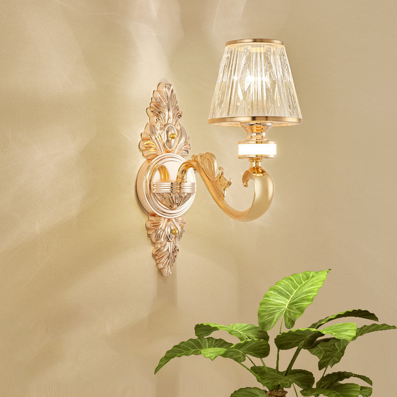 Modern Gold Wall Sconce With Crystal Cone Shade - Bedside/Room Fixture