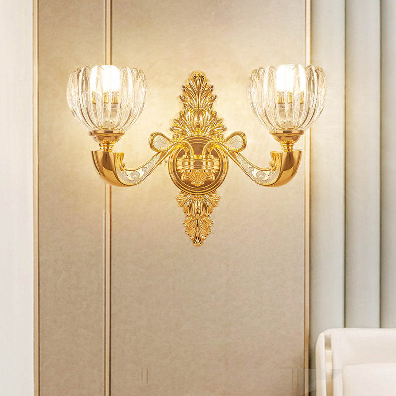 Modern Beveled Crystal Dome Sconce Light Fixture: Gold 1/2-Bulb Wall Lamp For The Bedroom 2 /