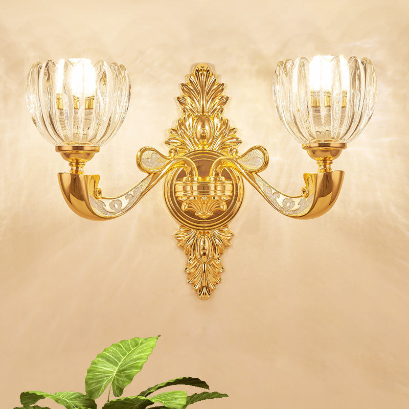 Modern Beveled Crystal Dome Sconce Light Fixture: Gold 1/2-Bulb Wall Lamp For The Bedroom