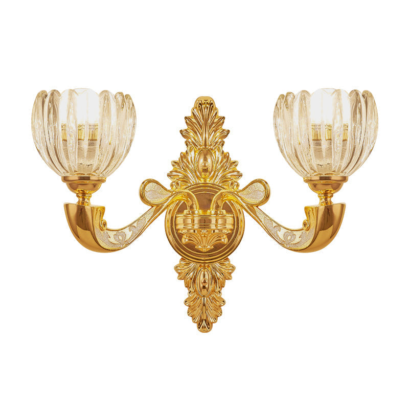 Modern Beveled Crystal Dome Sconce Light Fixture: Gold 1/2-Bulb Wall Lamp For The Bedroom