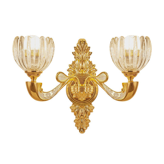 Modern Beveled Crystal Dome Sconce Light Fixture: Gold 1/2-Bulb Wall Lamp For The Bedroom