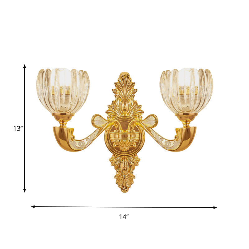 Modern Beveled Crystal Dome Sconce Light Fixture: Gold 1/2-Bulb Wall Lamp For The Bedroom