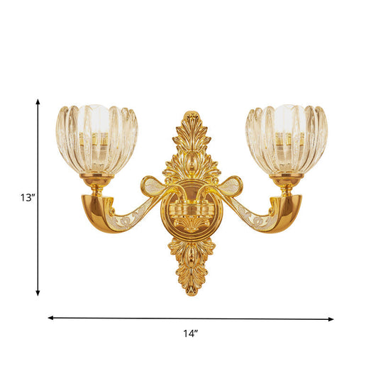 Modern Beveled Crystal Dome Sconce Light Fixture: Gold 1/2-Bulb Wall Lamp For The Bedroom