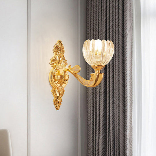 Modern Beveled Crystal Dome Sconce Light Fixture: Gold 1/2-Bulb Wall Lamp For The Bedroom