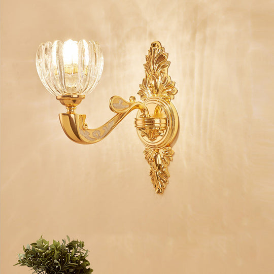 Modern Beveled Crystal Dome Sconce Light Fixture: Gold 1/2-Bulb Wall Lamp For The Bedroom