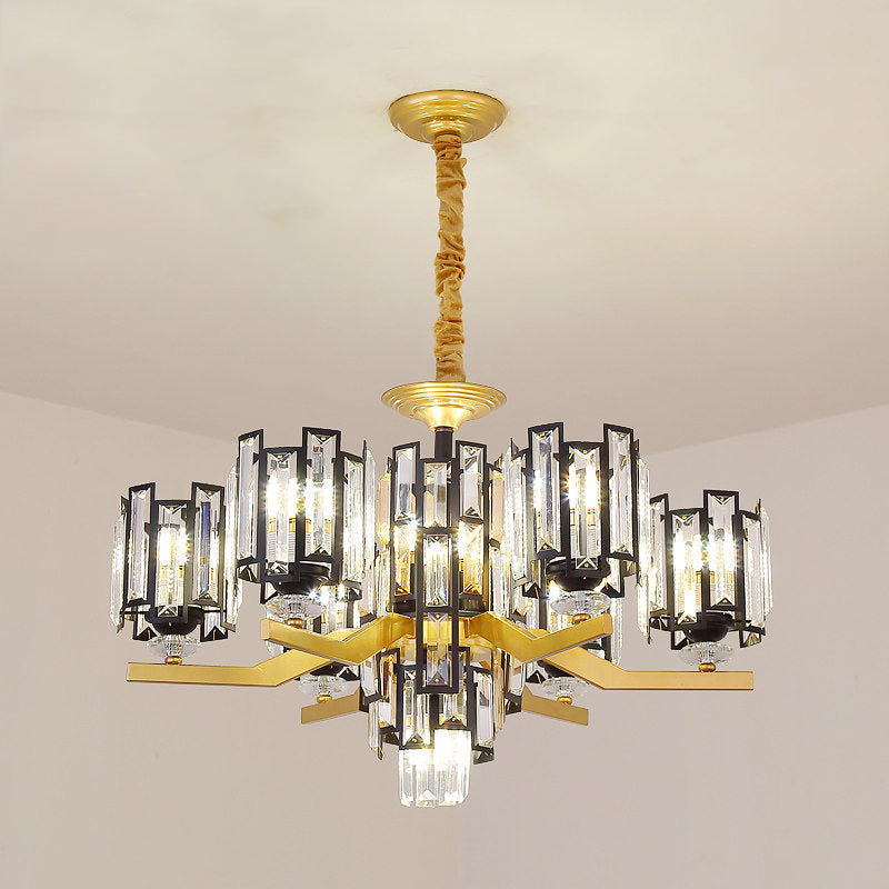 Modern Cylinder Crystal Rectangle Pendant Chandelier in Black/Gold - 4/7 Lights, Living Room Lamp Fixture