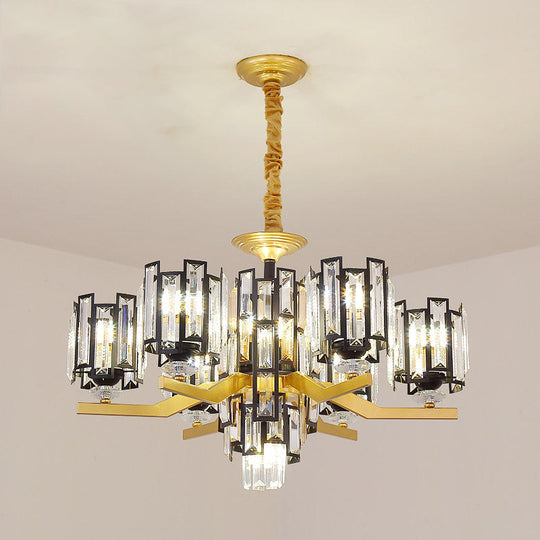 Modern Cylinder Crystal Rectangle Pendant Chandelier in Black/Gold - 4/7 Lights, Living Room Lamp Fixture