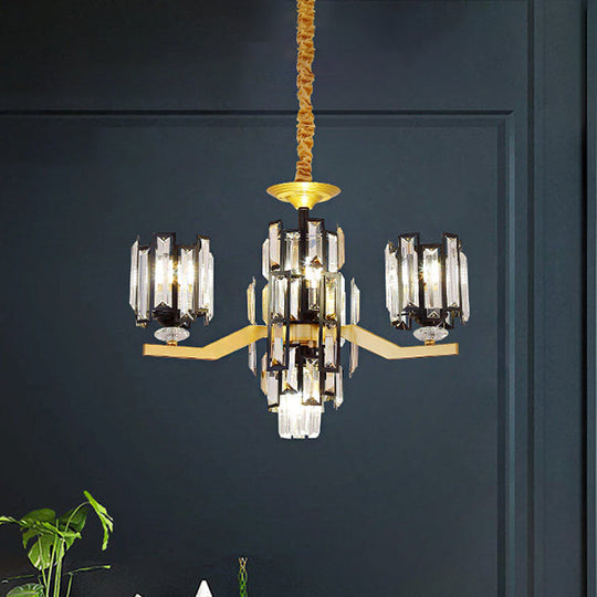 Modern Cylinder Crystal Rectangle Pendant Chandelier in Black/Gold - 4/7 Lights, Living Room Lamp Fixture