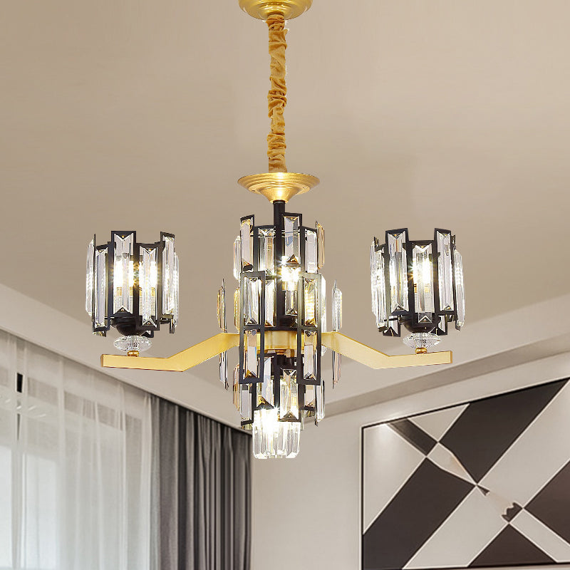 Modern Cylinder Crystal Rectangle Pendant Chandelier in Black/Gold - 4/7 Lights, Living Room Lamp Fixture