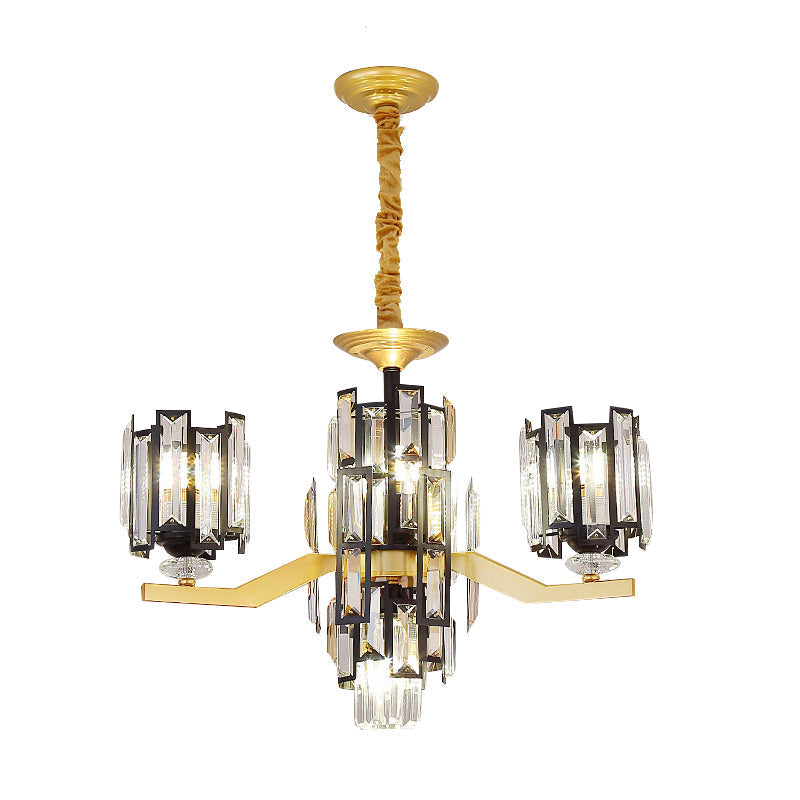 Modern Cylinder Crystal Rectangle Pendant Chandelier in Black/Gold - 4/7 Lights, Living Room Lamp Fixture