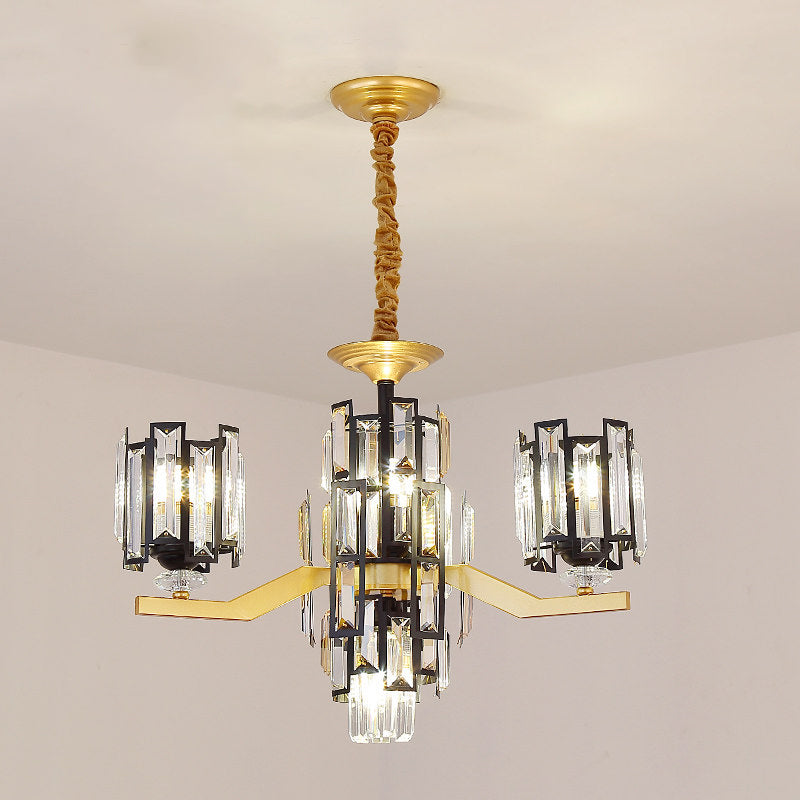 Modern Cylinder Crystal Rectangle Pendant Chandelier in Black/Gold - 4/7 Lights, Living Room Lamp Fixture