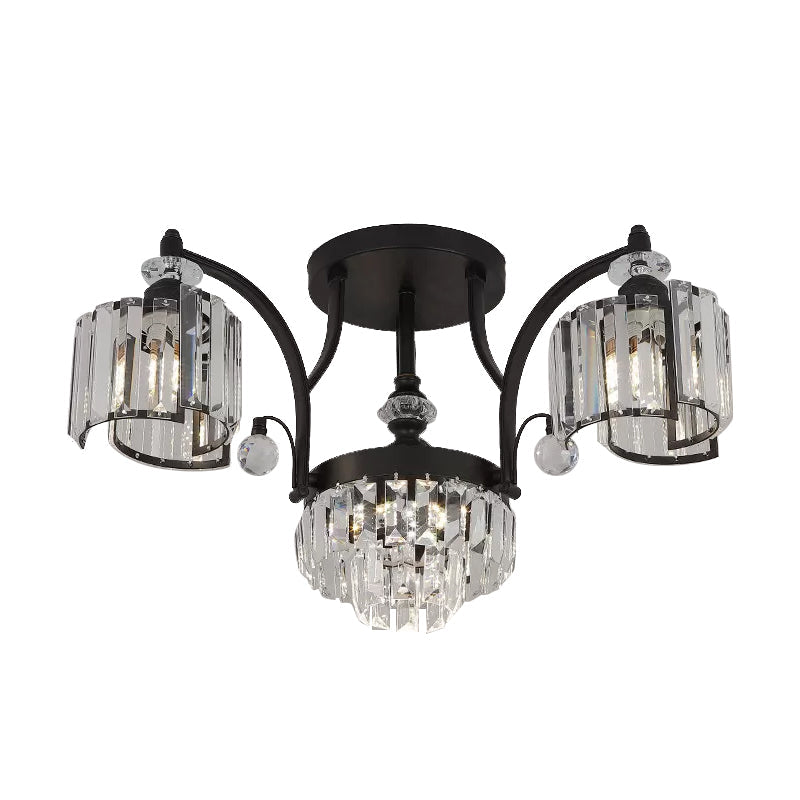 Modern Metallic Curved Arm Semi Flush Mount Ceiling Light in Black with Crystal Cylinder Shade - Ideal for Dining Rooms (3/6 Bulbs)