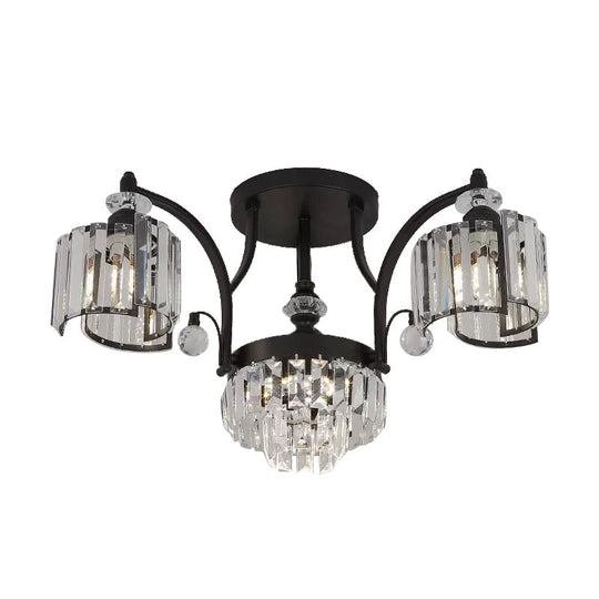 Modern Metallic Curved Arm Semi Flush Mount Ceiling Light In Black With Crystal Cylinder Shade -