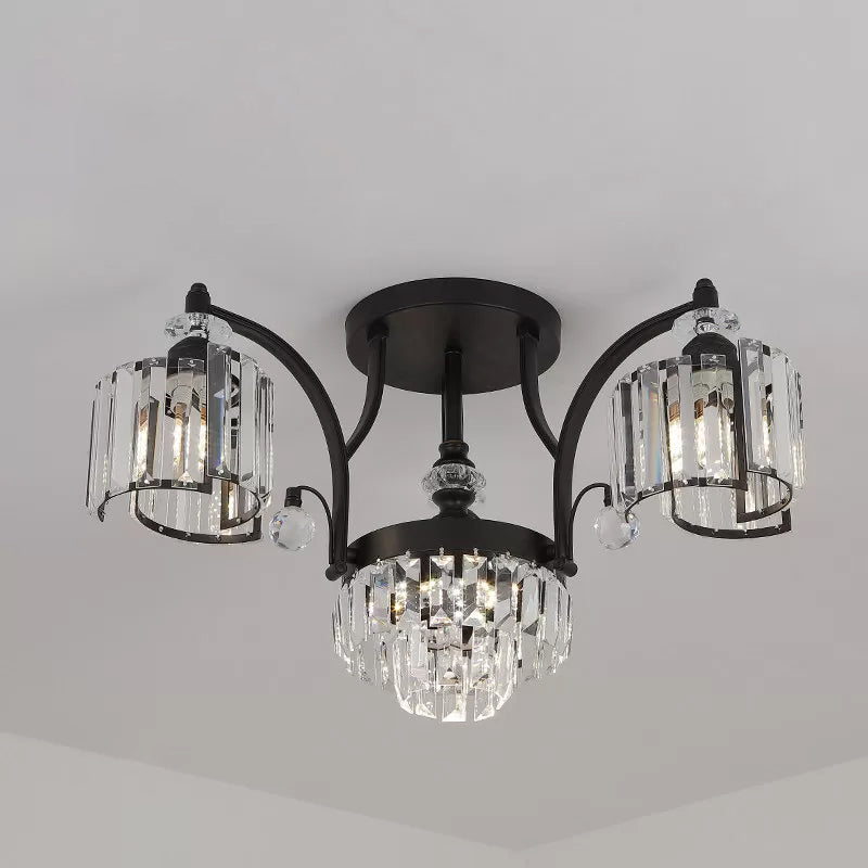 Modern Metallic Curved Arm Semi Flush Mount Ceiling Light in Black with Crystal Cylinder Shade - Ideal for Dining Rooms (3/6 Bulbs)