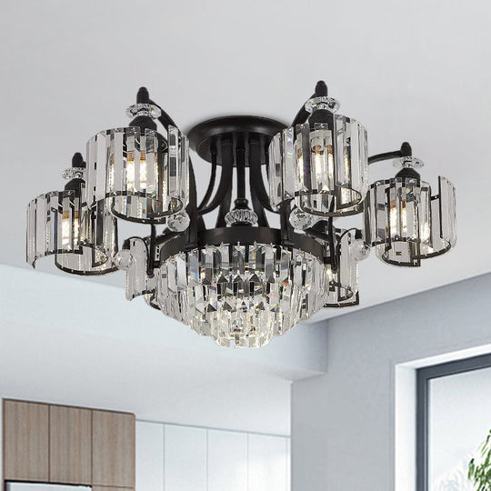 Modern Metallic Curved Arm Semi Flush Mount Ceiling Light in Black with Crystal Cylinder Shade - Ideal for Dining Rooms (3/6 Bulbs)