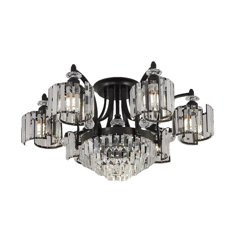 Modern Metallic Curved Arm Semi Flush Mount Ceiling Light in Black with Crystal Cylinder Shade - Ideal for Dining Rooms (3/6 Bulbs)