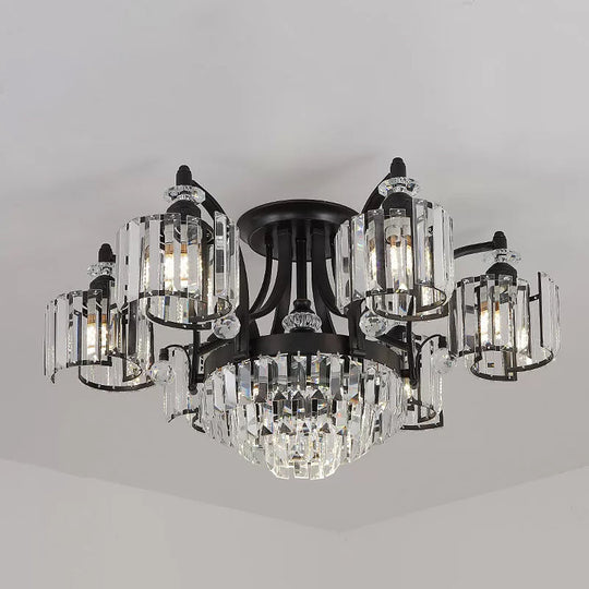 Modern Metallic Curved Arm Semi Flush Mount Ceiling Light in Black with Crystal Cylinder Shade - Ideal for Dining Rooms (3/6 Bulbs)