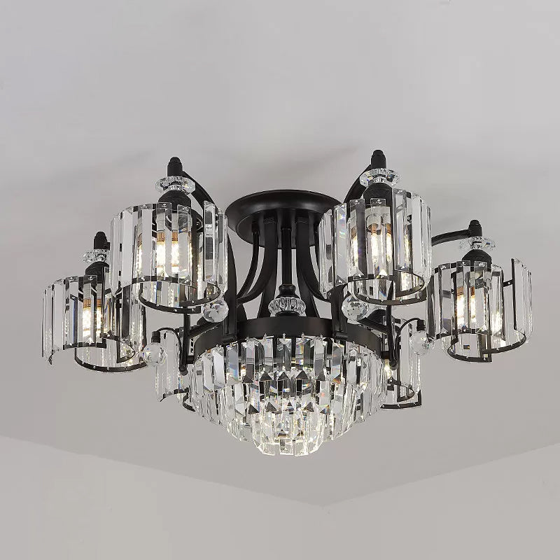 Modern Metallic Curved Arm Semi Flush Mount Ceiling Light In Black With Crystal Cylinder Shade -