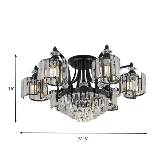 Modern Metallic Curved Arm Semi Flush Mount Ceiling Light in Black with Crystal Cylinder Shade - Ideal for Dining Rooms (3/6 Bulbs)