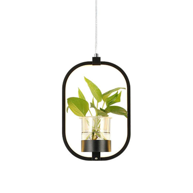 Antique Metal Pendant Light with Plant Cup and LED for Restaurants - Oval Shape in Black/Grey/White