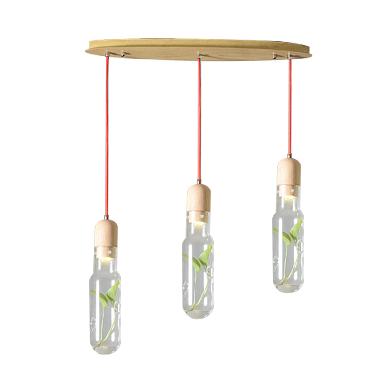 Metal LED Pendant Light with Bottle Cluster Design and Wood Accent for Living Room