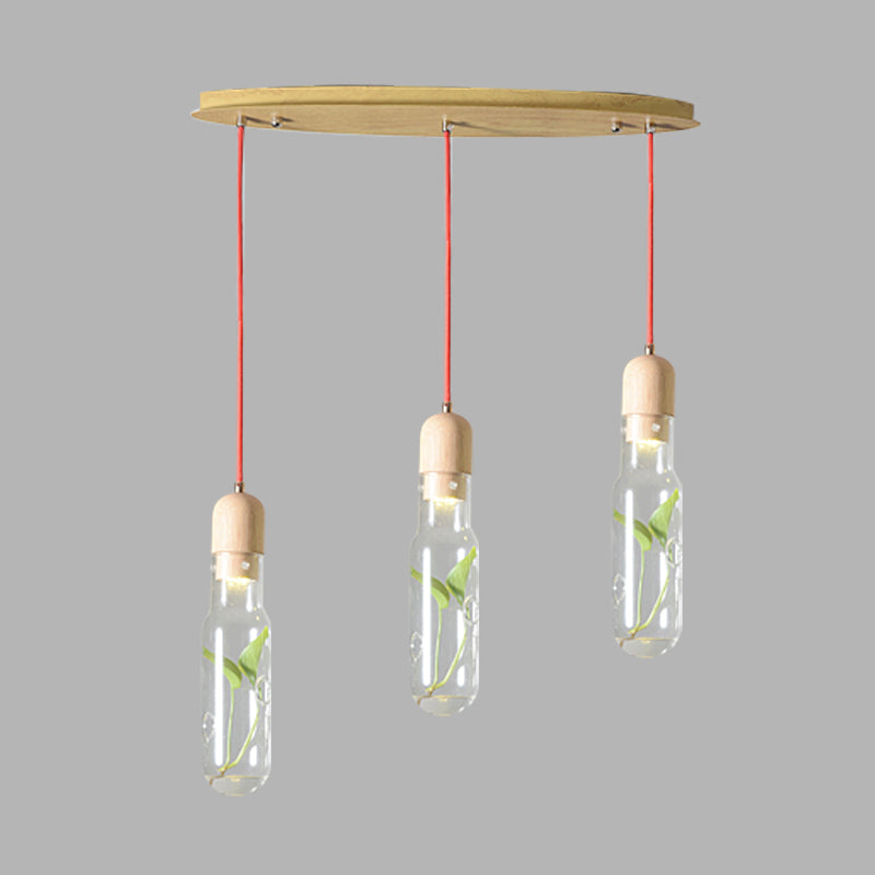 Metal LED Pendant Light with Bottle Cluster Design and Wood Accent for Living Room