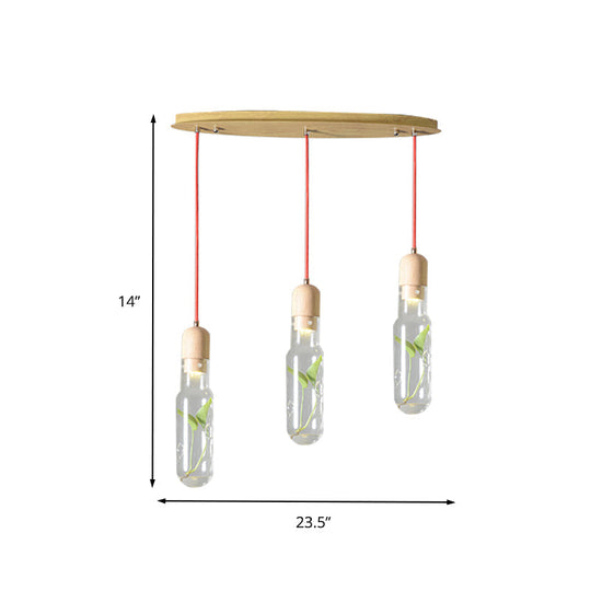 Metal LED Pendant Light with Bottle Cluster Design and Wood Accent for Living Room