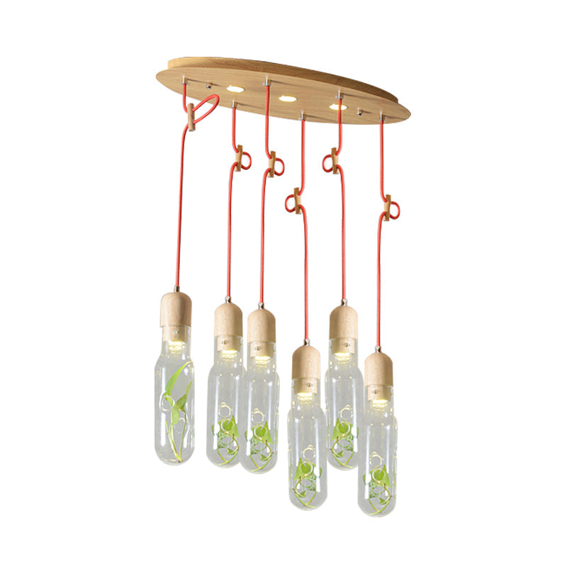 Metal LED Pendant Light with Bottle Cluster Design and Wood Accent for Living Room