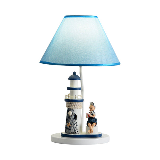 Whimsical Lighthouse Table Lamp - Boy/Girl Cartoon Resin Night Stand Light (White/Blue 1 Light)